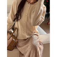 皮爾卡丹（pierre cardin）領口亮片針織衫女2025新款秋季女裝百搭毛衣外套長袖外搭開衫上衣 米白色