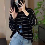 慕伊銘（MUYIMING）條紋長(cháng)袖T恤女2025新款寬松薄款冰絲防曬罩衫外搭設計感上衣 黑色 專(zhuān)柜品質(zhì) L 建議105-115斤