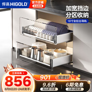 悍高（HIGOLD） 廚房櫥柜拉籃碗架抽屜式碗籃加厚304不銹鋼底板調(diào)味籃雙層碗碟籃 900柜2層-PDL3.0系列套裝