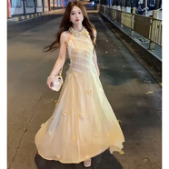 法式蕾絲連衣裙女神范法式連衣裙夏女2025新款設(shè)計(jì)感蕾絲掛脖花朵 淺黃色連衣裙送花朵 L碼(建議110-120斤) 均碼