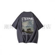 EAKC 簡約Logo手繪字母風(fēng)景油畫印花短袖T恤 男女同款 深灰色 M
