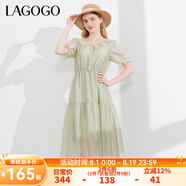 lagogo【萊賽爾】荷葉邊系帶連衣裙女拉谷谷夏新款收腰泡泡袖裙子 淺綠色(L8) S
