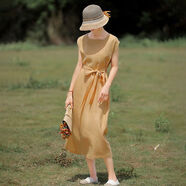 冰洋紅棉麻連衣裙女夏綠色高端復古原創(chuàng  )女裝中年媽媽氣質(zhì)收腰民族風(fēng)裙子 杏色 M