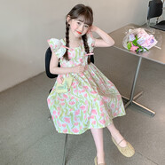 巴布豆女童夏季公主裙2025新款碎花裙兒童夏款飛袖裙子小女孩夏裝連衣裙 圖片色 110 CM