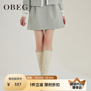 OBEG歐碧倩秋冬花苞式半身裙女千鳥格羊毛呢A字裙子10404108 灰綠格 170/L/40