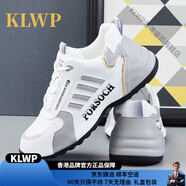 KLWP香港香港品牌輕奢男鞋四季新款休閑鞋男皮面運動鞋跑步耐磨情侶鞋 白灰色 37