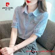 皮爾卡丹（pierre cardin）2025年新款提花含棉刺繡顯瘦襯衫女甜美女士襯衣洋氣薄款上衣短袖 藍(lán)色 S