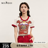謎底圓領(lǐng)印花T恤女夏季新品復(fù)古特色撞色修身上衣242MT0585 淺卡其 S