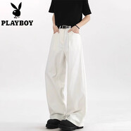 花花公子（PLAYBOY）白色闊腿牛仔褲女男2025春秋季高街cleanfit簡(jiǎn)約百搭直筒褲子 白色 S