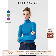 茶·愫【明星同款】puretea茶愫高領(lǐng)針織衫女堆堆袖打底毛衣秋季新款 湖藍(lán) S