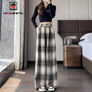 AEMAPE【好版型顯身材】2025加絨高腰復(fù)古毛呢格子寬松闊腿褲女新款休閑 黑棕白格 加絨 M
