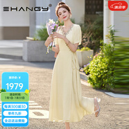 Ehangy輕奢品牌2025年夏季新款連衣裙女設(shè)計感復(fù)古釘珠V領(lǐng)收腰清新裙子 杏色 XL
