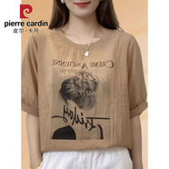 皮爾卡丹（pierre cardin）冰絲短袖t恤女2025夏季新款半袖大碼女裝上衣胖m妹遮肚藏肉顯瘦 卡其色中袖 L 【建議100斤-115斤】