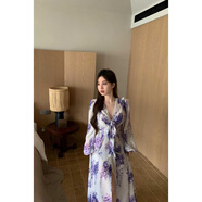 皓舒紫藤花氛圍趕溫柔風寬松法式洋裝女純欲感V領顯瘦開 叉長裙 佩利斯紫洋裝 L