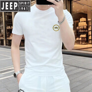 JEEP SPIRIT輕奢冰絲短袖T恤男夏季新款體恤洋氣純色小標(biāo)皇冠修身打底衫 白色 立體皇冠燙鉆 L 建議125-140斤