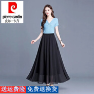 皮爾卡丹（pierre cardin）孔雀綠雪紡半身裙廣場(chǎng)舞蹈裙中長(cháng)款長(cháng)裙高腰雙層跳舞裙子顯瘦 黑色雪紡【含內襯二層】 均碼 松緊腰裙長(cháng)80適合身高149
