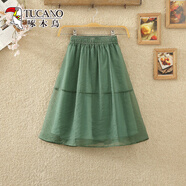 啄木鳥(niǎo)2025夏季新款高腰顯瘦歐根紗小個(gè)子口袋A字裙子半身裙過(guò)膝短裙女 綠色 均碼