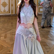 2025夏季新款盧浮幻境優(yōu)雅甜美睫毛蕾絲上衣長(cháng)裙套裝女 北極藍半裙 L