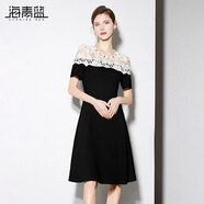 海青藍(lán)蕾絲短袖連衣裙夏女2025新款高級(jí)女裝輕熟小眾不撞款裙子 拼色 M