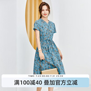 恒源祥棉質(zhì)碎花連衣裙女夏裝新款系帶收腰顯瘦復(fù)古森系中長款短袖裙子女 19藍(lán)色 M /160/84A