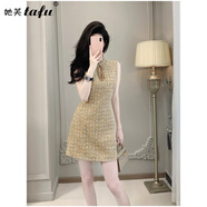 她芙（tafu）品牌女裝小香風(fēng)無袖連衣裙女20夏季新款氣質(zhì)優(yōu)雅名媛修身顯瘦短裙 金色 M
