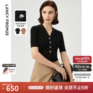 朗姿【尖貨補單】法式V領(lǐng)毛針織衫短袖春季新款內搭T恤打底衫上衣 黑色2 2XL