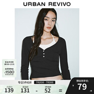 UR2025秋季新款女裝撞色假兩件掛脖系帶長(zhǎng)袖T恤UYY450020 黑色 M