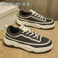 西遇（Westlink）男鞋2025秋季新款厚底薄款透氣網(wǎng)面休閑板鞋男士百搭防滑運動潮鞋 白黑 單層 44 （標準運動鞋尺碼）