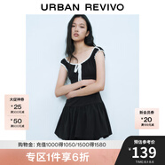 UR2025春季新款女裝撞色蕾絲飄帶U領(lǐng)無袖修身連衣裙UYY750014 黑色 XL