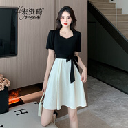 宏資琦高級(jí)感黑色拼接連衣裙女2025夏季新款時(shí)尚收腰顯瘦假兩件a字裙子 連衣裙（短款） L