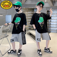 G.DUCKKIDS男童短袖套裝兒童夏裝2024新款洋氣中大童T恤五分褲男孩短褲套裝 TD帽子套裝-黑 140 cm