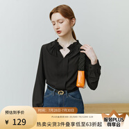 范思藍(lán)恩22FS2489白色法式襯衫女春秋長袖荷葉邊V領(lǐng)顯瘦雪紡上衣 黑色 XL