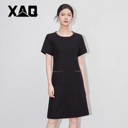 XAQ高端法式連衣裙女夏季名媛氣質(zhì)小香風(fēng)女神提花編織圓領(lǐng)修身A字裙 黑色 2XL