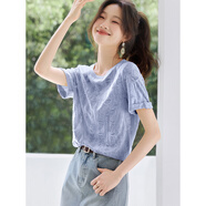 沫晗依美【休閑磨毛破洞短袖T恤】2025春季新款寬松舒適百搭休閑短袖T恤女 藍(lán)色 M