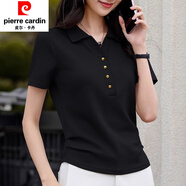 皮爾卡丹（pierre cardin）領(lǐng)抽褶修身短t袖恤女2025夏季新款水滴扣顯瘦上衣百搭體恤潮氣質(zhì) 黑色 S