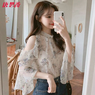 唐思薇大碼夏季法式別致荷葉邊露肩碎花雪紡襯衫女胖妹妹設計感小眾上衣 米白色 L 105-120斤