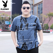 花花公子（PLAYBOY）夏季新款加肥加大碼短袖t恤衫純棉男士潮牌胖子寬松男裝肥佬體恤 TX180藍(lán)色 3XL