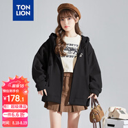 唐獅（TonLion）2025針織外套女休閑衛衣開(kāi)衫連帽上衣 加絨款/黑色 L