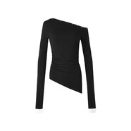ourhour 斜邊下擺 黑色兩穿斜領(lǐng)露肩燙鉆打底衣 女設計感修身上衣 黑色 L