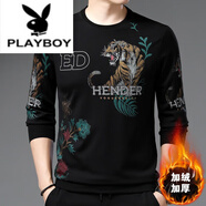 花花公子（PLAYBOY）純棉男士衛(wèi)衣2023新款春秋季裝上衣服潮流品牌長袖t恤男 1828黑色【絨】 加厚 XL 175體重135-155斤