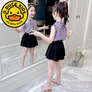 G.duck女童夏裝套裝2026新款洋氣網(wǎng)紅小女孩碎花上衣短褲夏季兒童兩件套 紫色(雪紡) 100 建議身高100厘米左右