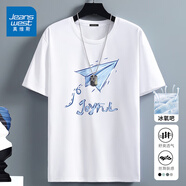 真維斯（Jeanswest）冰絲中袖男2025夏季簡(jiǎn)約印花寬松冰感速干短袖T恤男士大碼上衣服 白色(折紙飛機(jī)) XL (180) (不起球不掉色)