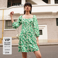 MO&Co.春季法式碎花溫柔泡泡袖方領(lǐng)連衣裙MBB1DRS042moco 綠底碎花 S 160