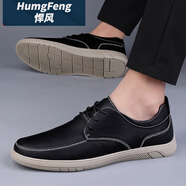 悍風(fēng)（HumgFeng）品牌皮鞋男2025年新款夏季男鞋透氣豆豆鞋軟底男士商務(wù)單鞋 黑色 38