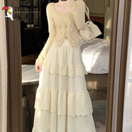 啄木鳥（TUCANO）時(shí)尚高腰鉤花蛋糕裙2025春季新款韓版百褶氣質(zhì)顯瘦長(zhǎng)款半身裙女 杏色 均碼