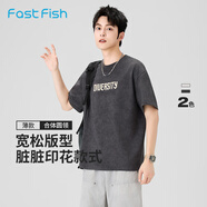 快魚男士短袖2025新款夏季薄款舒適透氣合體圓領印花t恤上衣男 深灰 2XL