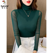 啄木鳥春秋裝新款高領(lǐng)網(wǎng)紗打底衫長袖t恤女士大碼修身內(nèi)搭蕾絲衫上衣潮 916墨綠色 M