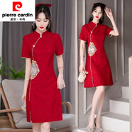 皮爾卡丹大碼女裝2025夏新款胖mm優(yōu)雅時(shí)尚復古民族風(fēng)改良版蕾絲旗袍連衣裙 大紅色 M 建議90-100斤