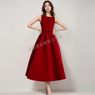 GUYN紅色連衣裙女法式訂婚宴會禮服公主蓬蓬裙收腰氣質(zhì)長裙感穿搭 紅色一字肩連衣裙 XS
