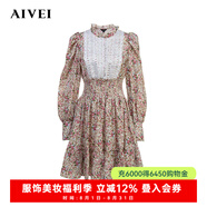 AIVEI欣賀艾薇24秋新宮廷淑女風(fēng)泡泡長袖收腰碎花連衣裙R755603A 米色 S